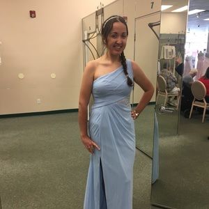Ice blue bridesmaid dress with lace inset